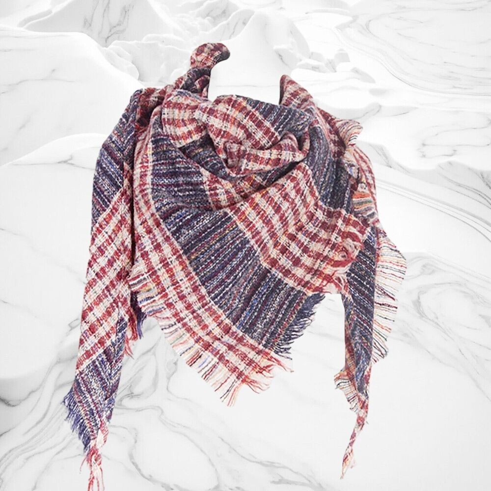 Wander Agio Warm Triangle Scarf/Shawl Red Blue Plaid Fichu Rough Surface